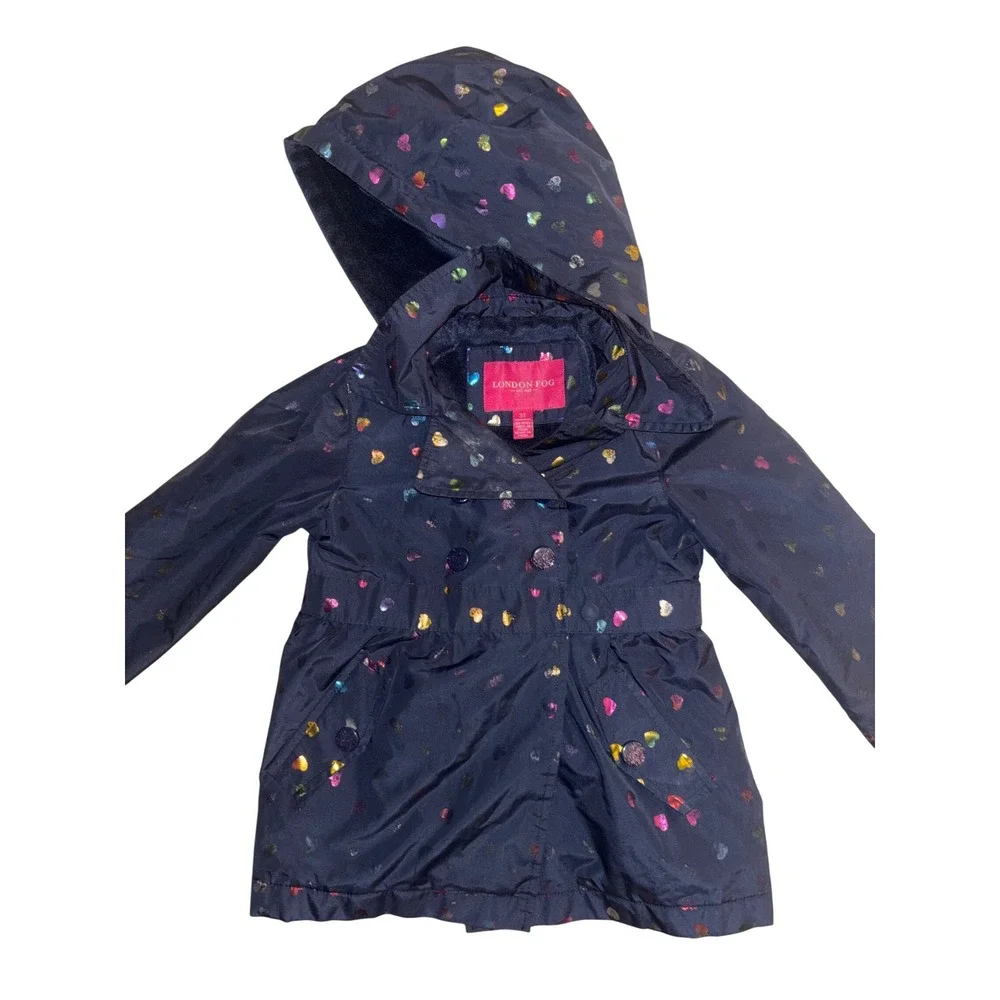 London Fog Kids Girls 3T Navy Blue Rainbow Heart Hooded Raincoat Jacket